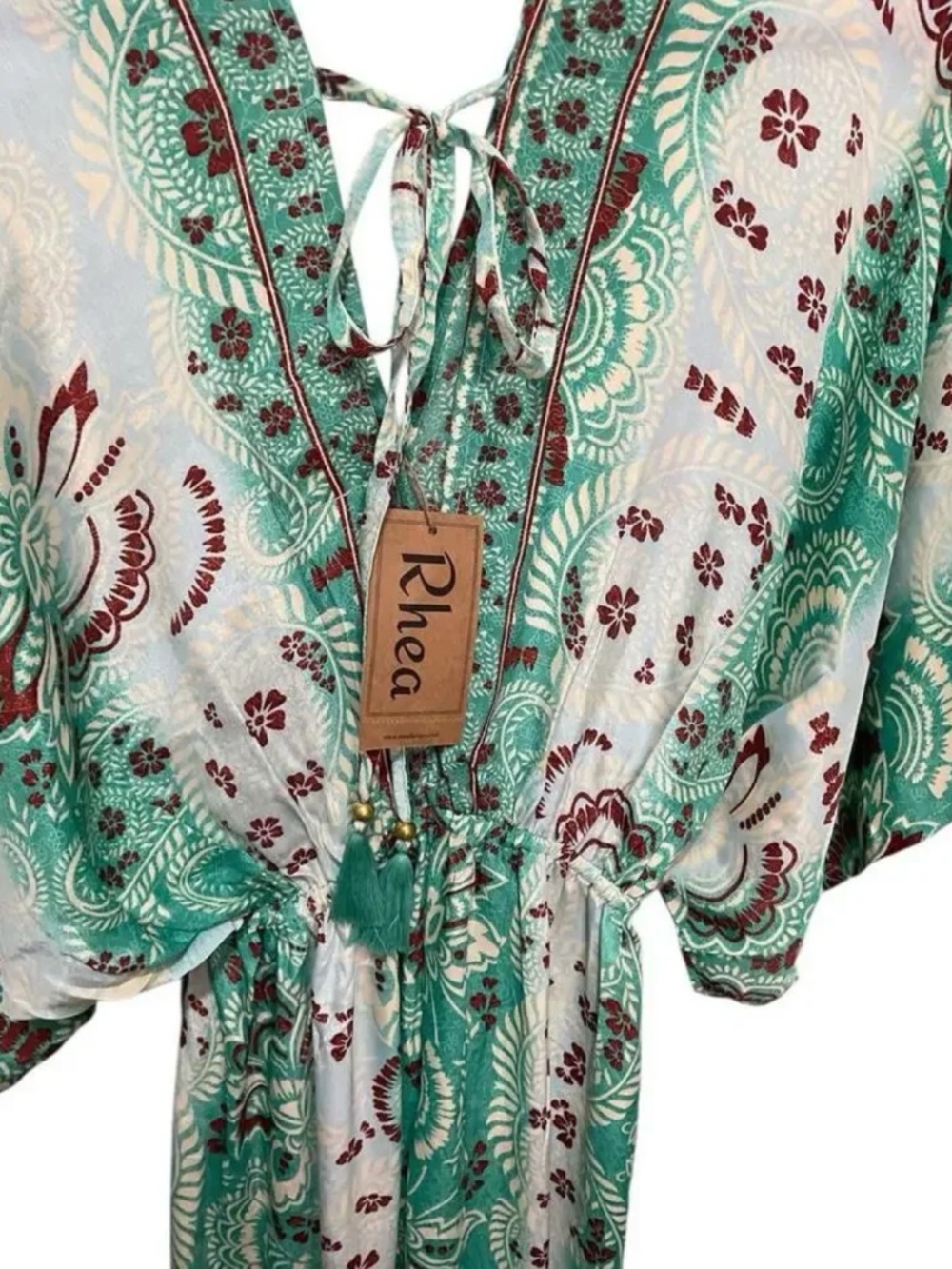 NWT Rhea Rubi Jumpsuit Boho Wide Leg Tassel Tie Waist Floral Green - Picture 5 of 6